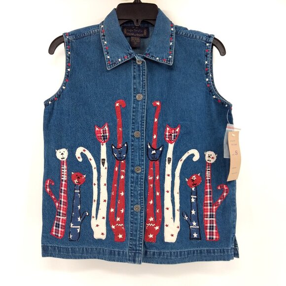 LIFE STYLE Vest Women's S Blue Denim Embroidered Cats Applique Button - Picture 2 of 14